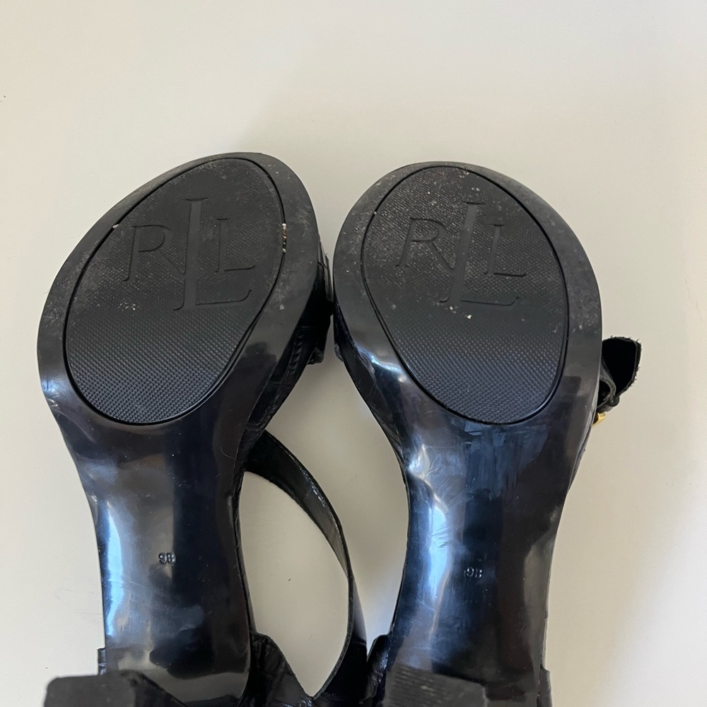 Ralph Lauren Black Croc-Embossed Leather Platform Heels with Gold Buckles - Picture 6 of 9